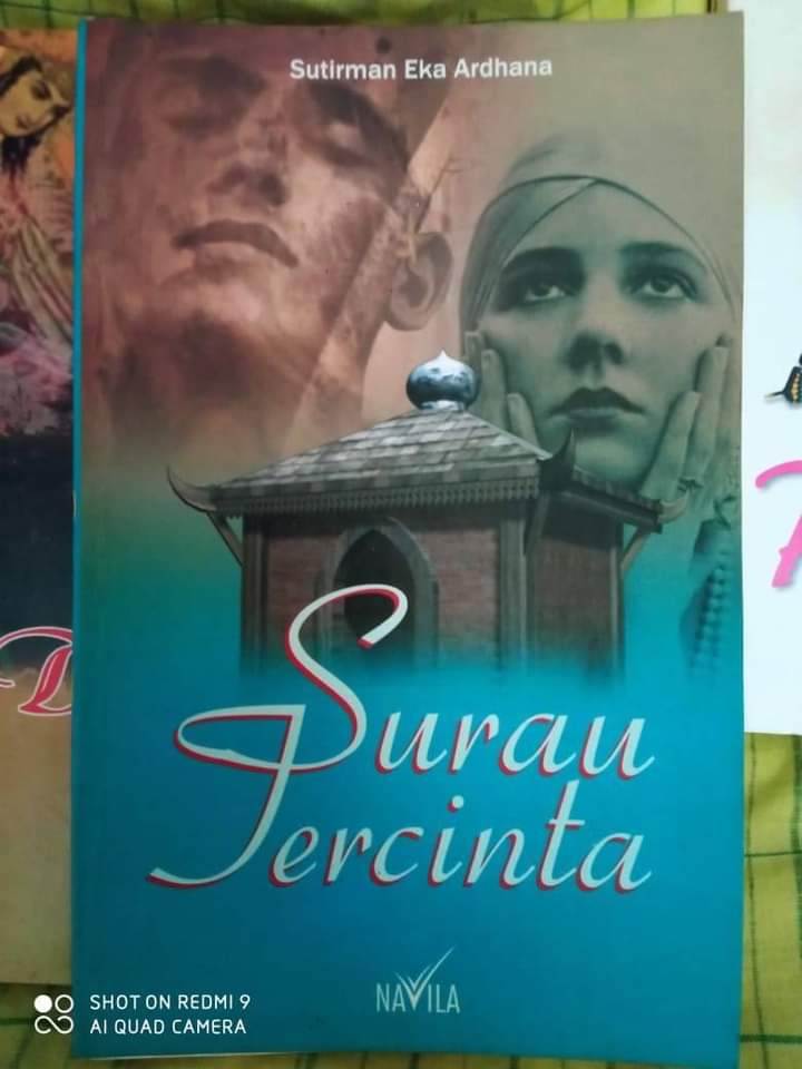 Book cover with teal gradient two monochrome faces in the background a small domed building in the foreground and the title'Surau Tercinta'.
